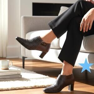 Brighton Turner Ankle Boots Bootie Heel Black Tan Woven Leather Womens 8.5 $270